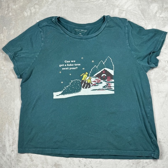 Lucky Brand Christmas Holiday Winter Green Cotton Crewneck T-Shirt Top Size XXL - Picture 1 of 14